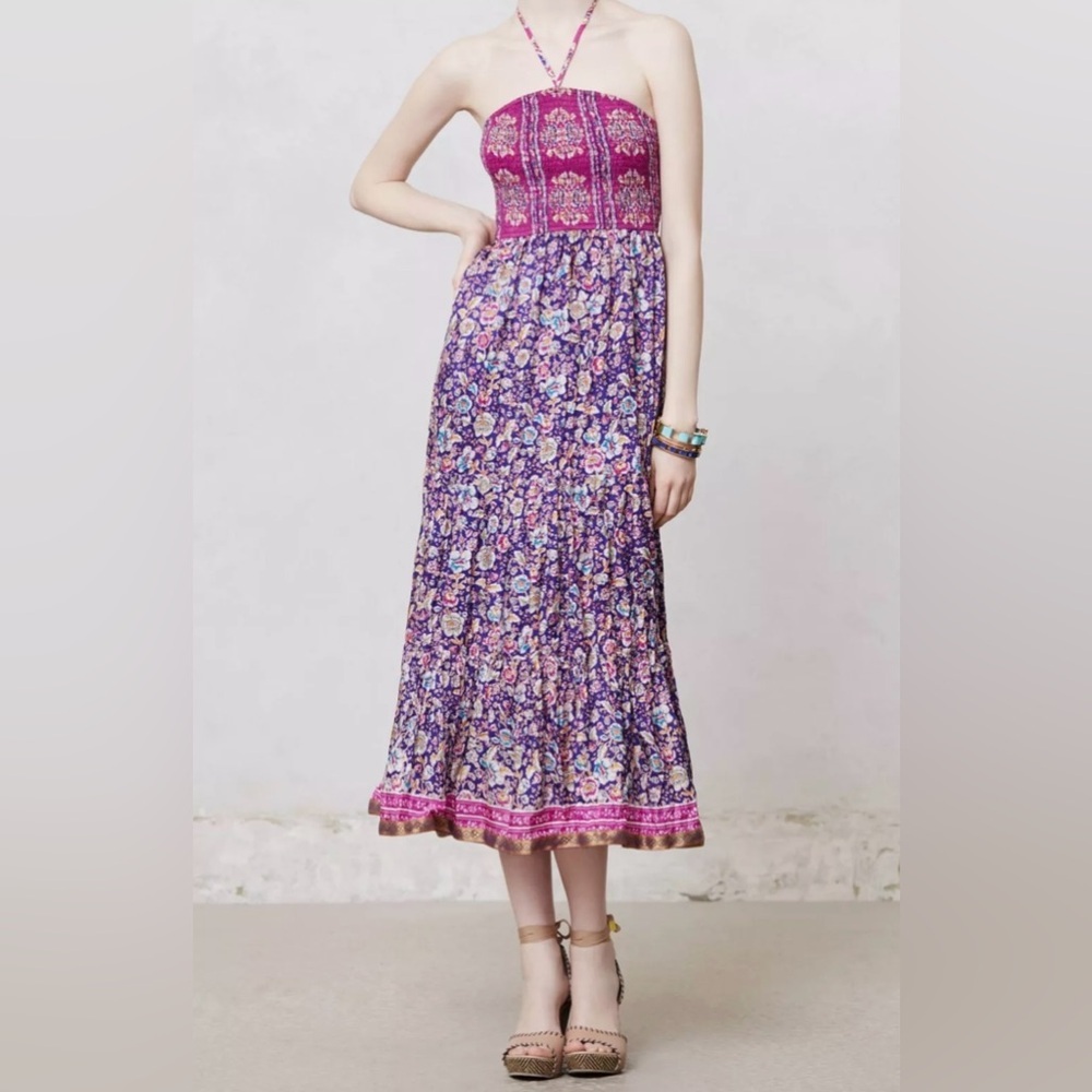 Maeve Anthropologie Daleka summer Dress XS Silk Smocked Waist Midi Sleeveless